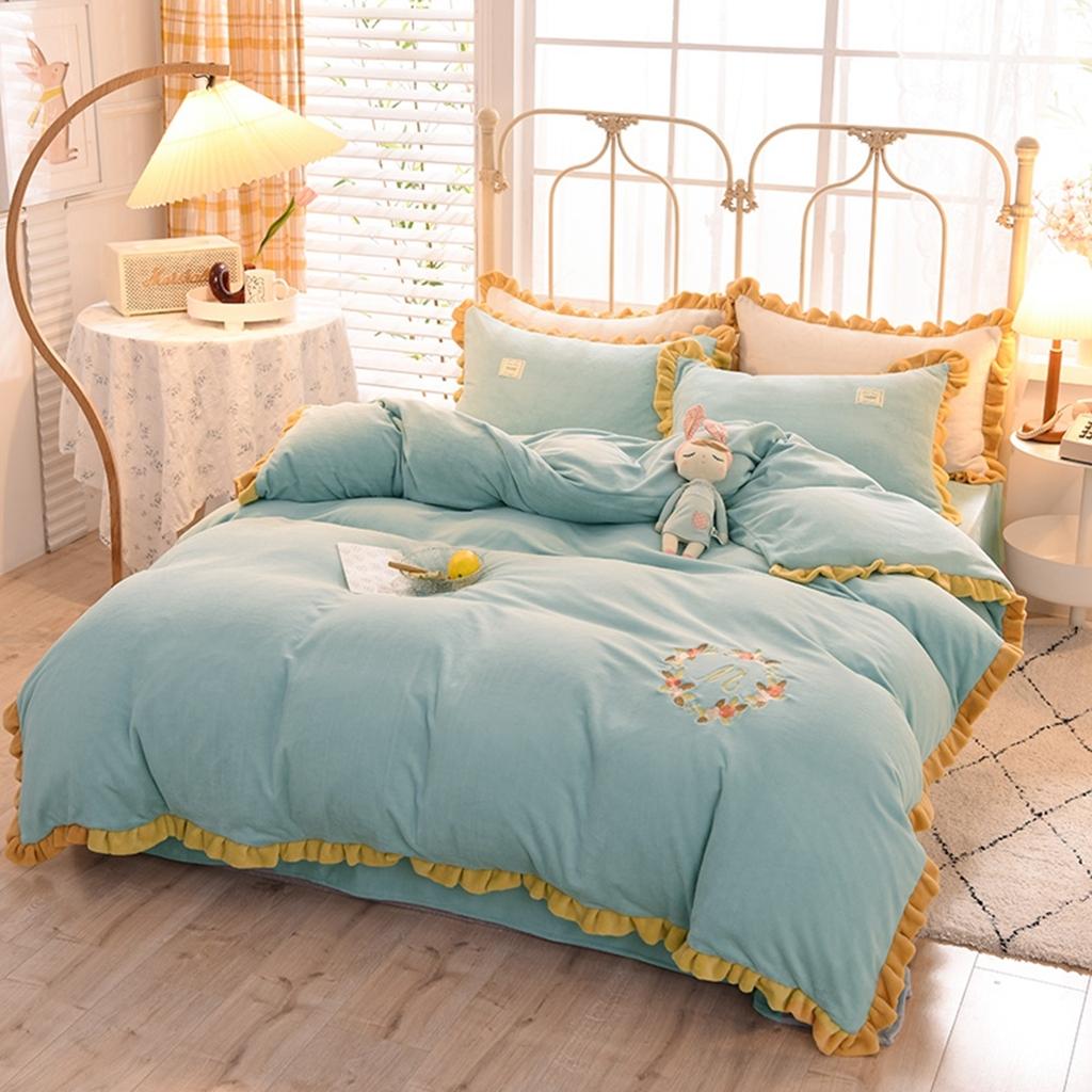 91家纺网 家纺一手货源 找家纺 艾米家居 2020新款牛奶绒四件套花语系列 豆绿