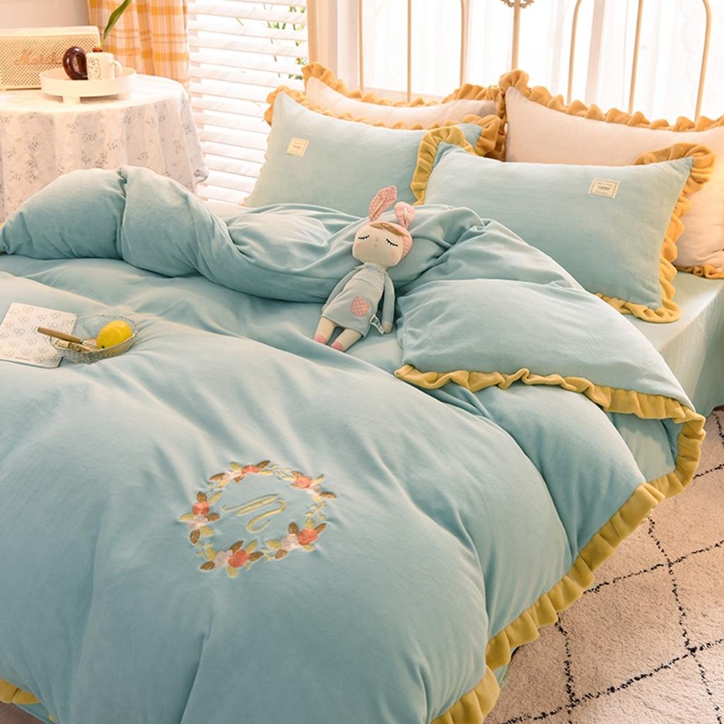 91家纺网 家纺一手货源 找家纺 艾米家居 2020新款牛奶绒四件套花语系列 豆绿