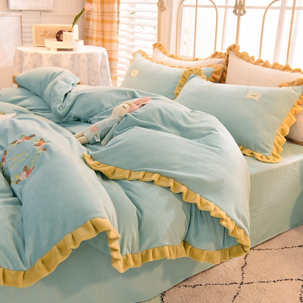 91家纺网 家纺一手货源 找家纺 艾米家居 2020新款牛奶绒四件套花语系列 豆绿