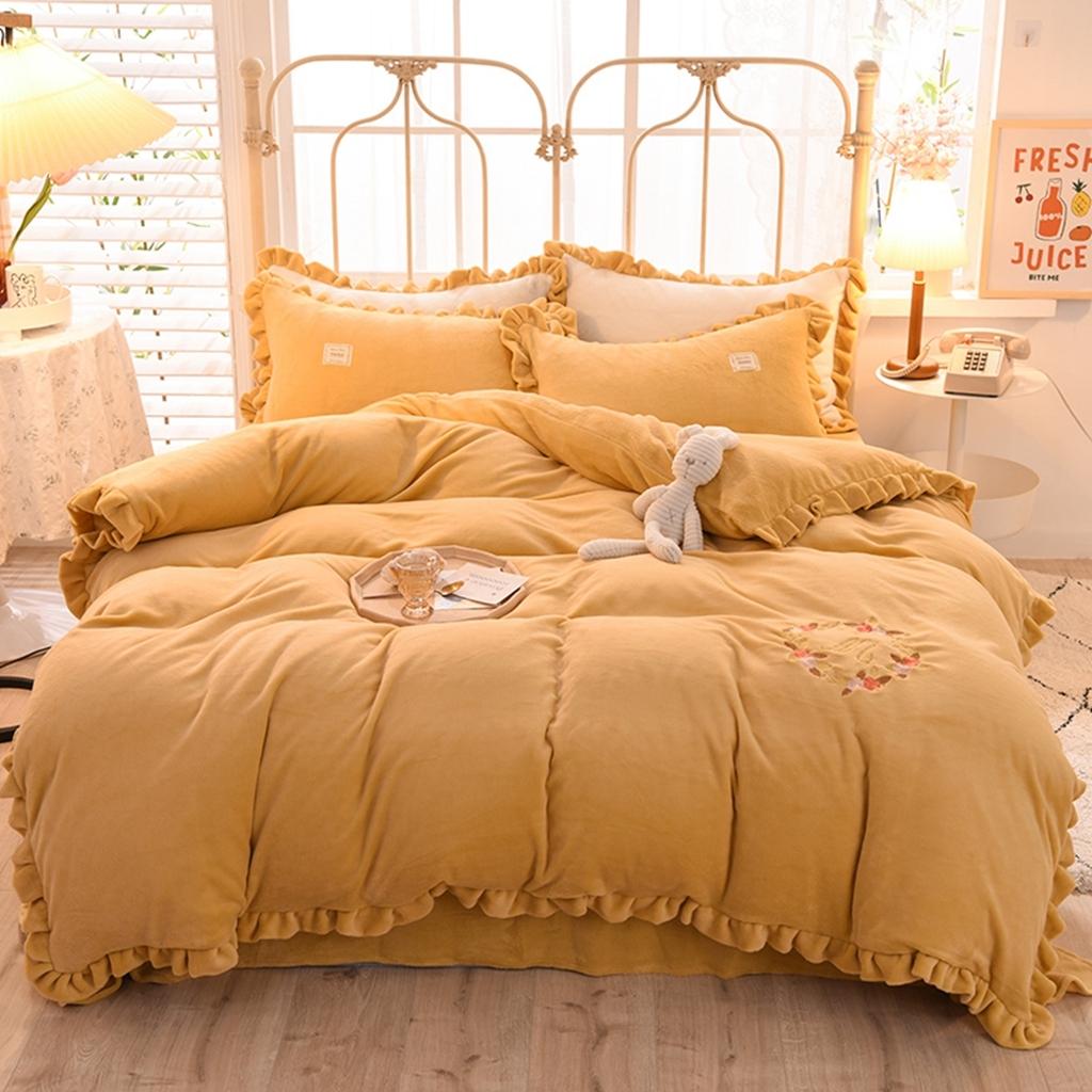 91家纺网 家纺一手货源 找家纺 艾米家居 2020新款牛奶绒四件套花语系列 黄色