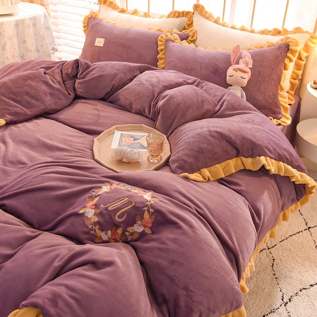 91家纺网 家纺一手货源 找家纺 艾米家居 2020新款牛奶绒四件套花语系列 梅子色