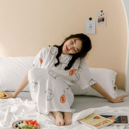 91家纺网 家纺一手货源 找家纺 华超针织 2021新款天竺棉印花家居服 白小猫 短袖睡裙