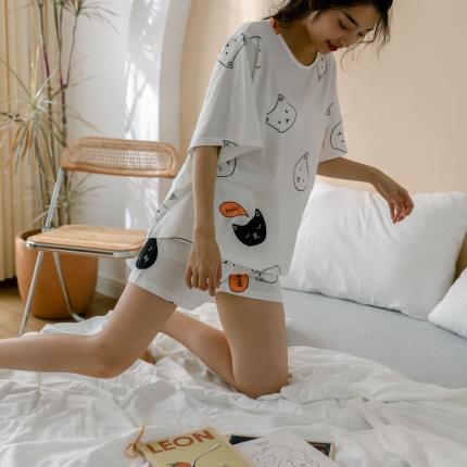 91家纺网 家纺一手货源 找家纺 华超针织 2021新款天竺棉印花家居服 白小猫 短袖套装