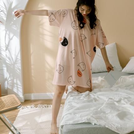 91家纺网 家纺一手货源 找家纺 华超针织 2021新款天竺棉印花家居服 粉小猫 短袖睡裙