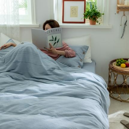 91家纺网 家纺一手货源 找家纺 华超针织 2021新款水洗棉提花纽扣款四件套 提花纽扣款 浅蓝