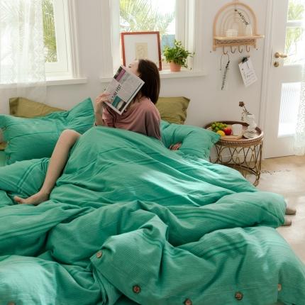 华超针织 2021新款水洗棉提花纽扣款四件套 提花纽扣款 湖绿