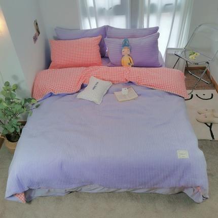 91家纺网 家纺一手货源 找家纺 淑女公社 2020新款棉加绒晚安宝贝四件套 粉白格加紫色绒