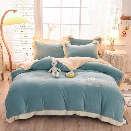 91家纺网 家纺一手货源 找家纺 首尔家纺 2020新款牛奶绒花瓣系列四件套 花瓣系列-湖蓝