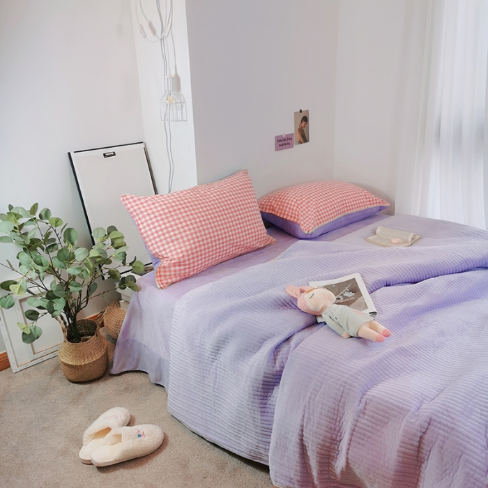 91家纺网 家纺一手货源 找家纺 淑女公社 2020新款棉加绒晚安宝贝四件套 粉白格加紫色绒