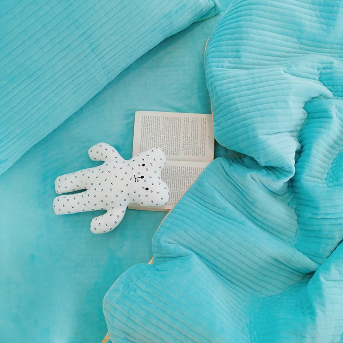 91家纺网 家纺一手货源 找家纺 淑女公社 2020新款棉加绒晚安宝贝四件套 黄白格加蓝色绒