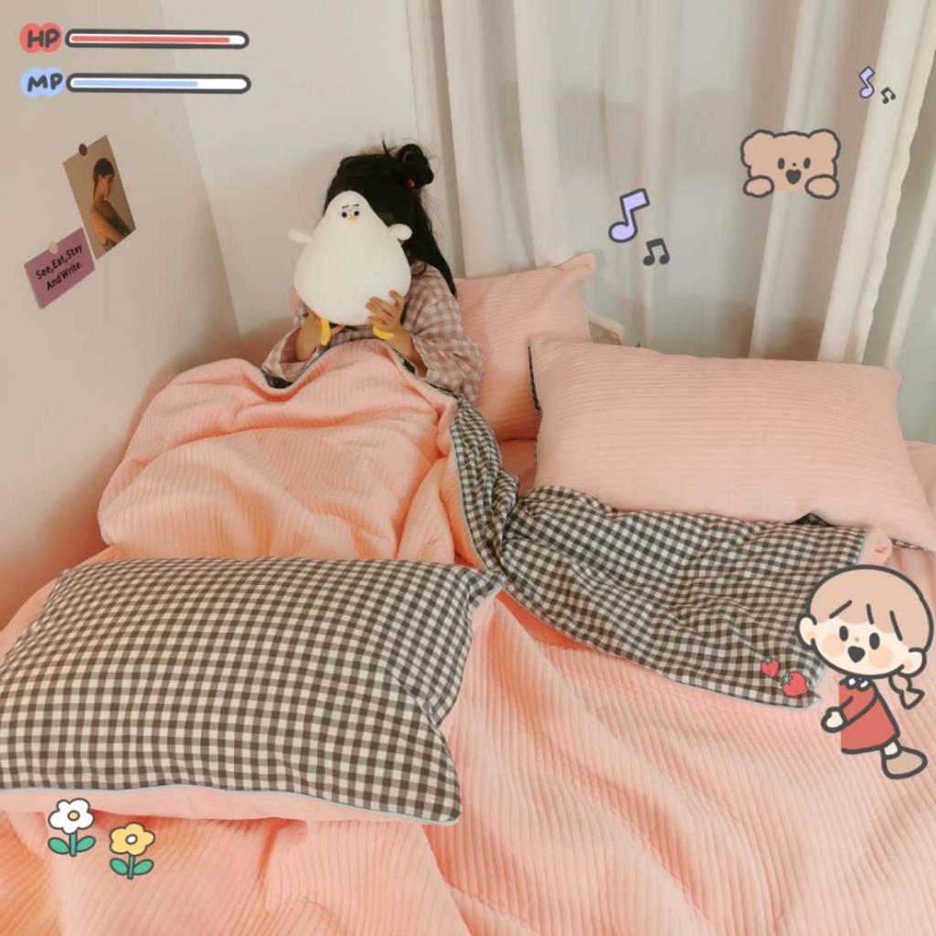 91家纺网 家纺一手货源 找家纺 淑女公社 2020新款棉加绒晚安宝贝四件套 灰白格加粉色绒