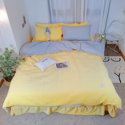 91家纺网 家纺一手货源 找家纺 淑女公社 2020新款棉加绒晚安宝贝四件套 蓝白格加黄色绒