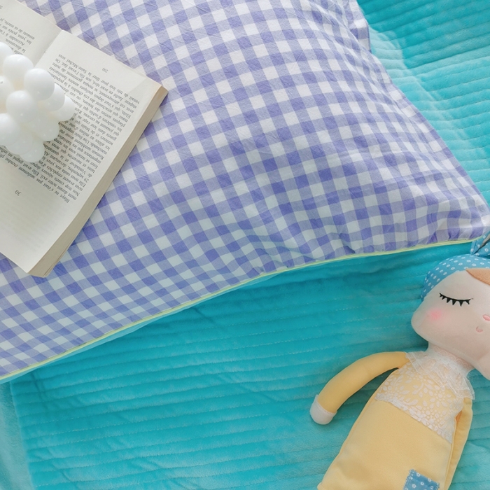 91家纺网 家纺一手货源 找家纺 淑女公社 2020新款棉加绒晚安宝贝四件套 紫白格加蓝色绒