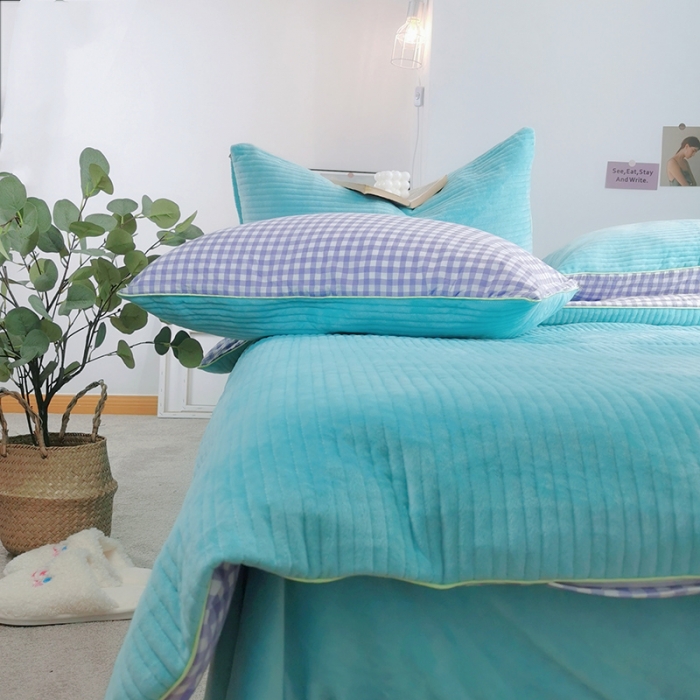 91家纺网 家纺一手货源 找家纺 淑女公社 2020新款棉加绒晚安宝贝四件套 紫白格加蓝色绒