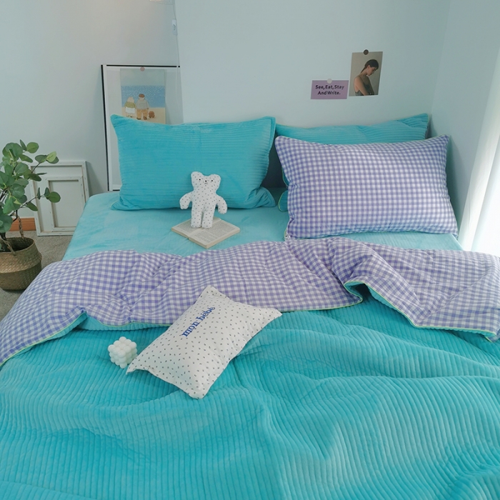 91家纺网 家纺一手货源 找家纺 淑女公社 2020新款棉加绒晚安宝贝四件套 紫白格加蓝色绒