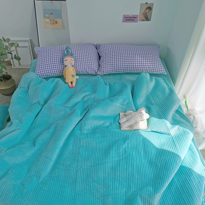 91家纺网 家纺一手货源 找家纺 淑女公社 2020新款棉加绒晚安宝贝四件套 紫白格加蓝色绒