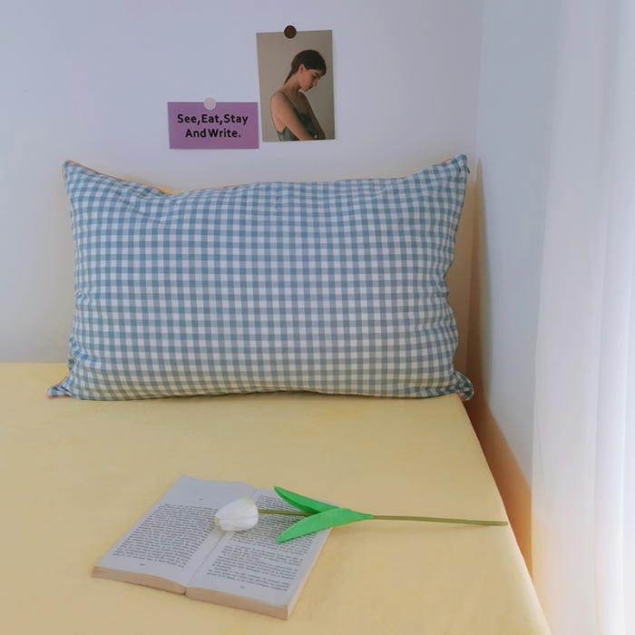 91家纺网 家纺一手货源 找家纺 淑女公社 2020新款棉加绒晚安宝贝四件套 蓝白格加黄色绒