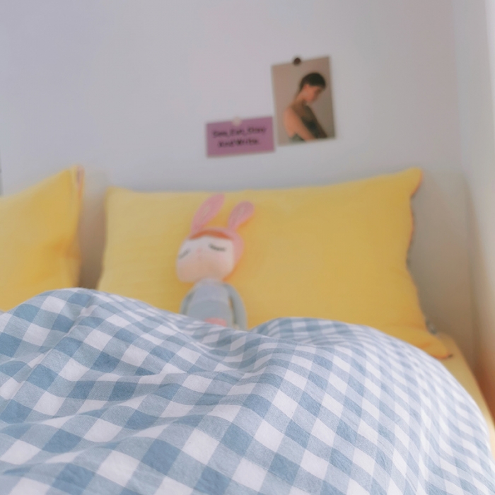 91家纺网 家纺一手货源 找家纺 淑女公社 2020新款棉加绒晚安宝贝四件套 蓝白格加黄色绒