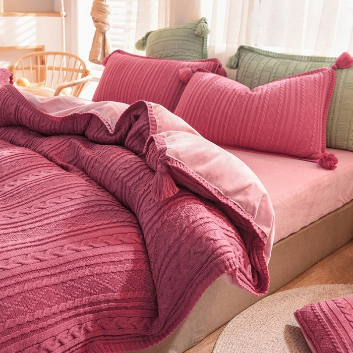 91家纺网 家纺一手货源 找家纺 淑女公社 2020秋冬新款针织毛线四件套 豆沙