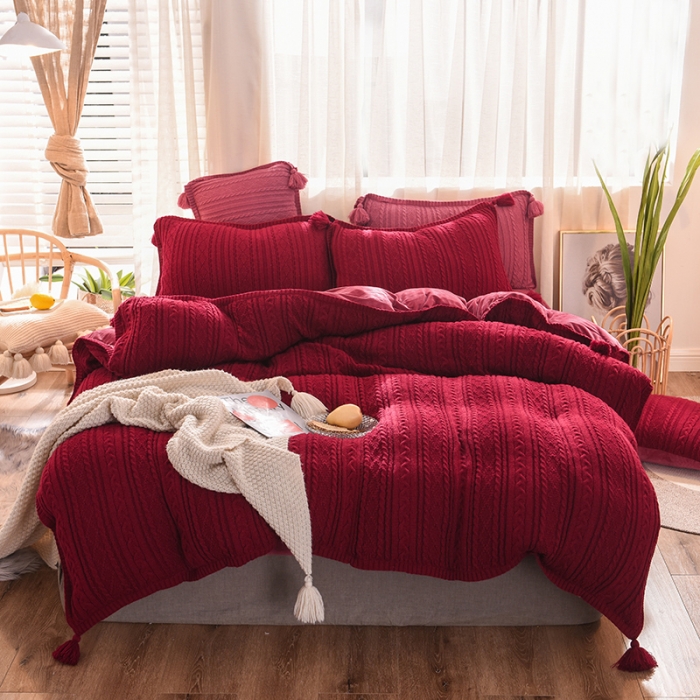 91家纺网 家纺一手货源 找家纺 淑女公社 2020秋冬新款针织毛线四件套 酒红