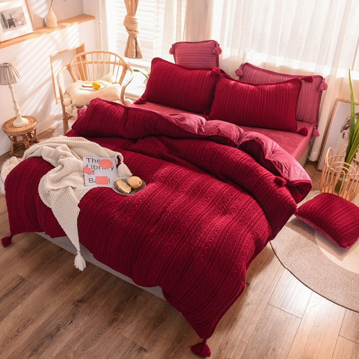 91家纺网 家纺一手货源 找家纺 淑女公社 2020秋冬新款针织毛线四件套 酒红