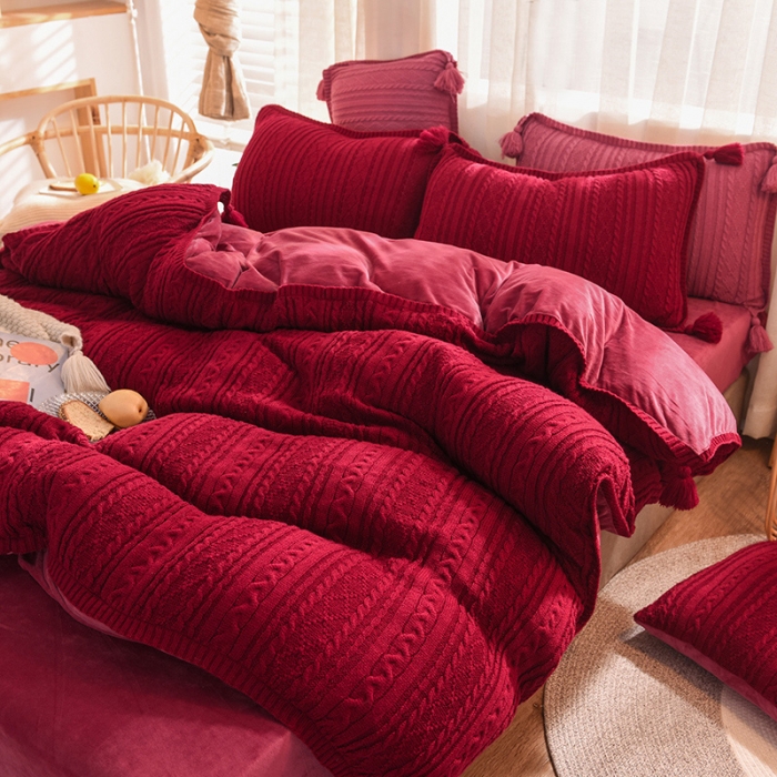 91家纺网 家纺一手货源 找家纺 淑女公社 2020秋冬新款针织毛线四件套 酒红