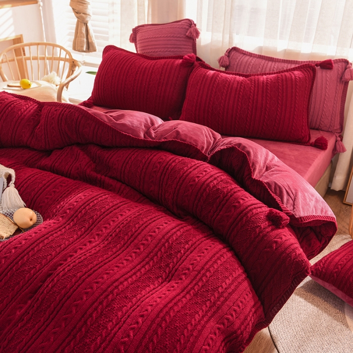 91家纺网 家纺一手货源 找家纺 淑女公社 2020秋冬新款针织毛线四件套 酒红