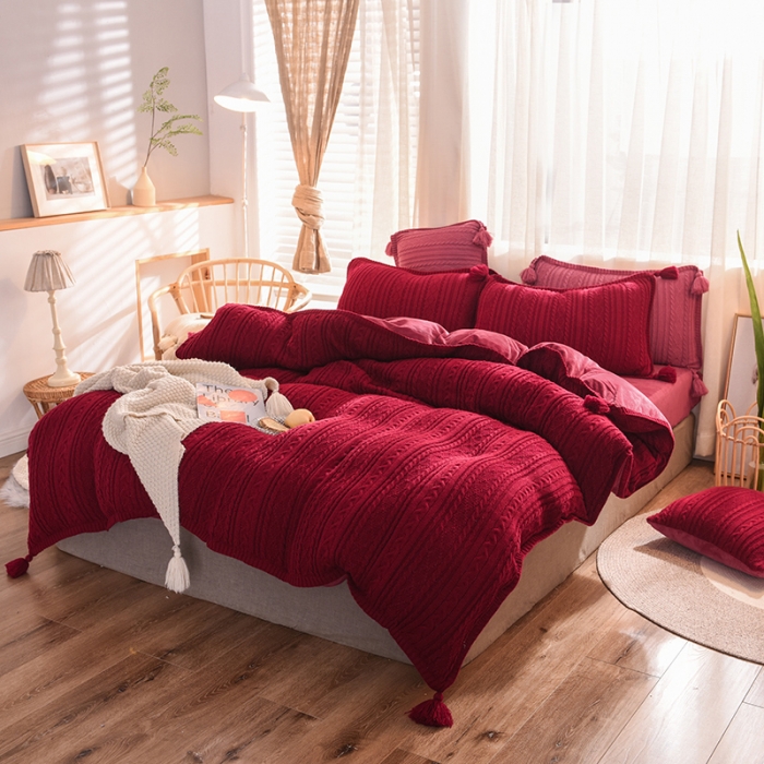 91家纺网 家纺一手货源 找家纺 淑女公社 2020秋冬新款针织毛线四件套 酒红