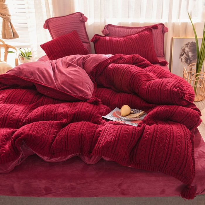 91家纺网 家纺一手货源 找家纺 淑女公社 2020秋冬新款针织毛线四件套 酒红