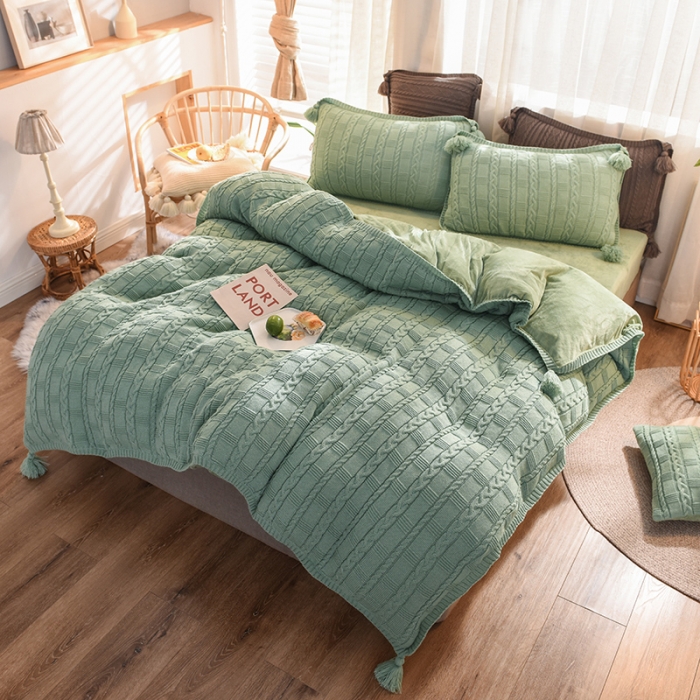 91家纺网 家纺一手货源 找家纺 淑女公社 2020秋冬新款针织毛线四件套 绿色