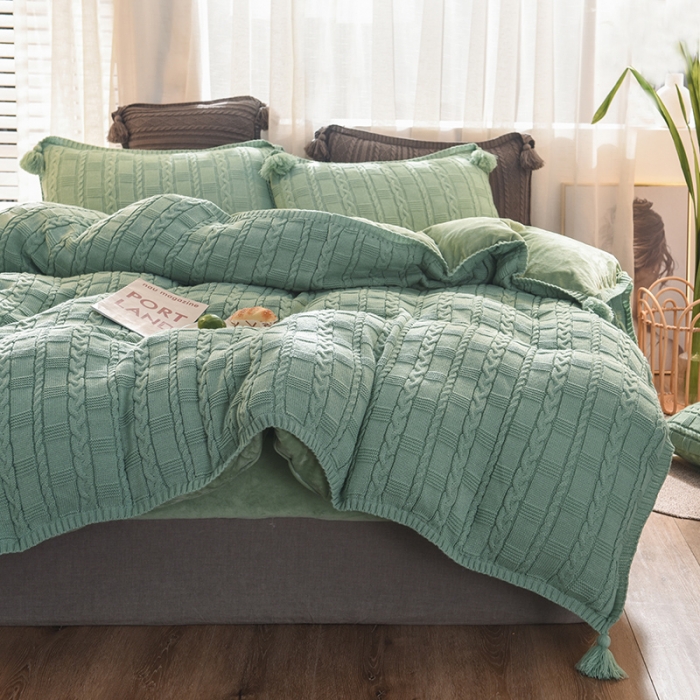 91家纺网 家纺一手货源 找家纺 淑女公社 2020秋冬新款针织毛线四件套 绿色