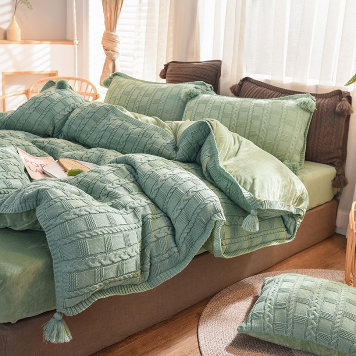 91家纺网 家纺一手货源 找家纺 淑女公社 2020秋冬新款针织毛线四件套 绿色