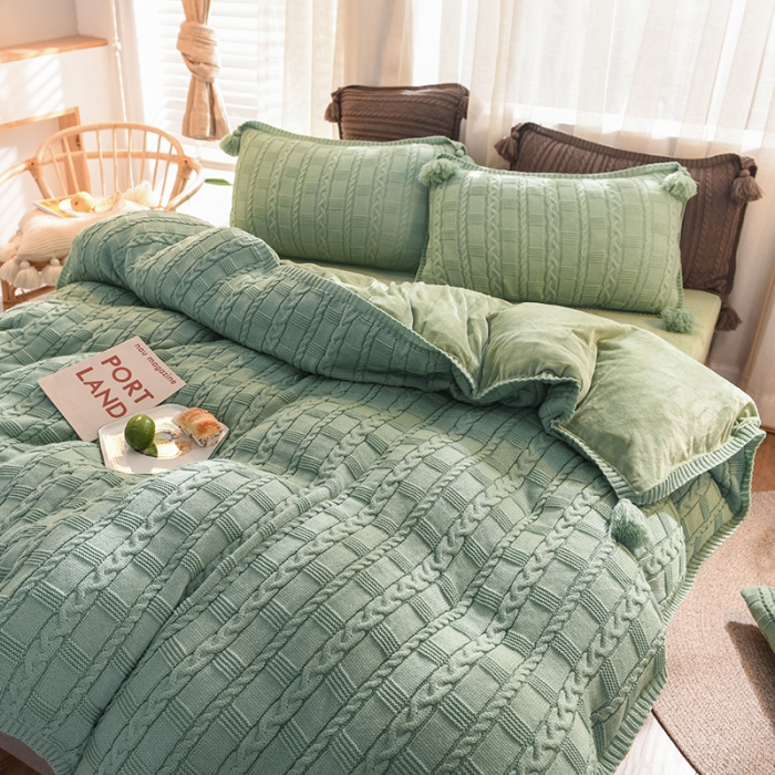 91家纺网 家纺一手货源 找家纺 淑女公社 2020秋冬新款针织毛线四件套 绿色