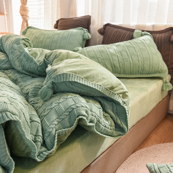 91家纺网 家纺一手货源 找家纺 淑女公社 2020秋冬新款针织毛线四件套 绿色