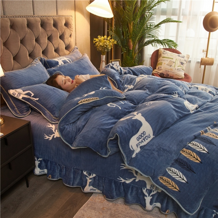 91家纺网 家纺一手货源 找家纺 爱洛牛奶绒宝宝绒水晶绒法莱绒金貂绒四件套 开心小鹿