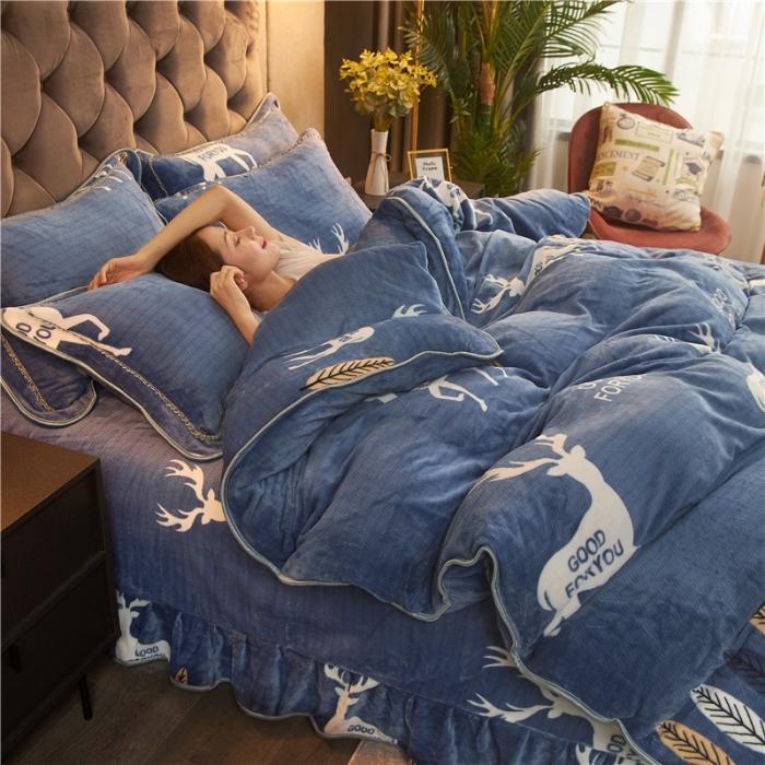 91家纺网 家纺一手货源 找家纺 爱洛牛奶绒宝宝绒水晶绒法莱绒金貂绒四件套 开心小鹿