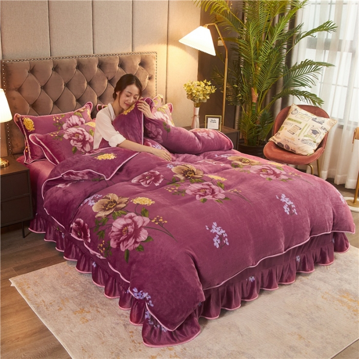 91家纺网 家纺一手货源 找家纺 爱洛牛奶绒宝宝绒水晶绒法莱绒金貂绒四件套 浓浓情意豆沙