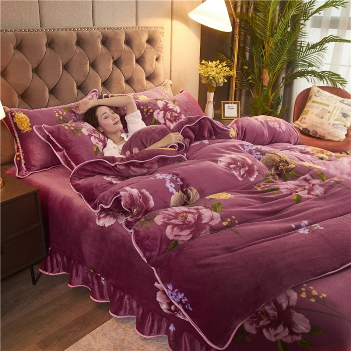 91家纺网 家纺一手货源 找家纺 爱洛牛奶绒宝宝绒水晶绒法莱绒金貂绒四件套 浓浓情意豆沙