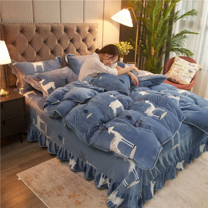 91家纺网 家纺一手货源 找家纺 爱洛牛奶绒宝宝绒水晶绒法莱绒金貂绒四件套 一鹿有你