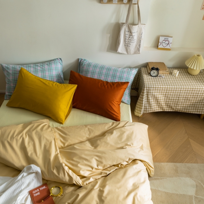 91家纺网 家纺一手货源 找家纺 棉眠 2020新款13374亮色撞色系全棉四件套 奶黄色