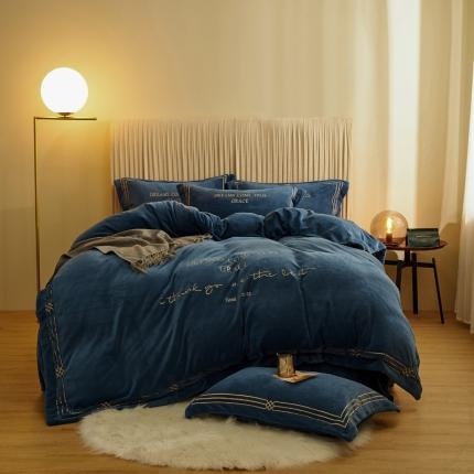 91家纺网 家纺一手货源 找家纺 （总）米奈 2020新款水晶绒法莱绒牛奶绒绣边罗伊系列四件套