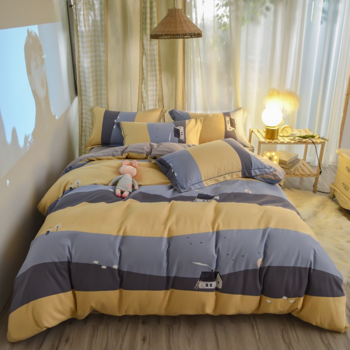 91家纺网 家纺一手货源 找家纺 雲归梦 2020新款小清新全棉生态磨毛四件套 炊烟袅袅-黄