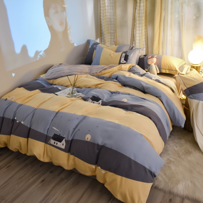 91家纺网 家纺一手货源 找家纺 雲归梦 2020新款小清新全棉生态磨毛四件套 炊烟袅袅-黄