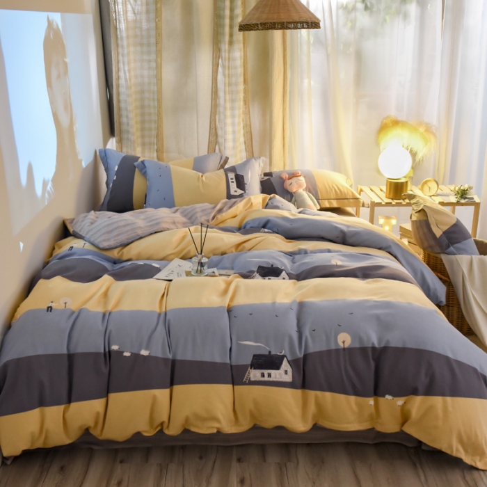 91家纺网 家纺一手货源 找家纺 雲归梦 2020新款小清新全棉生态磨毛四件套 炊烟袅袅-黄