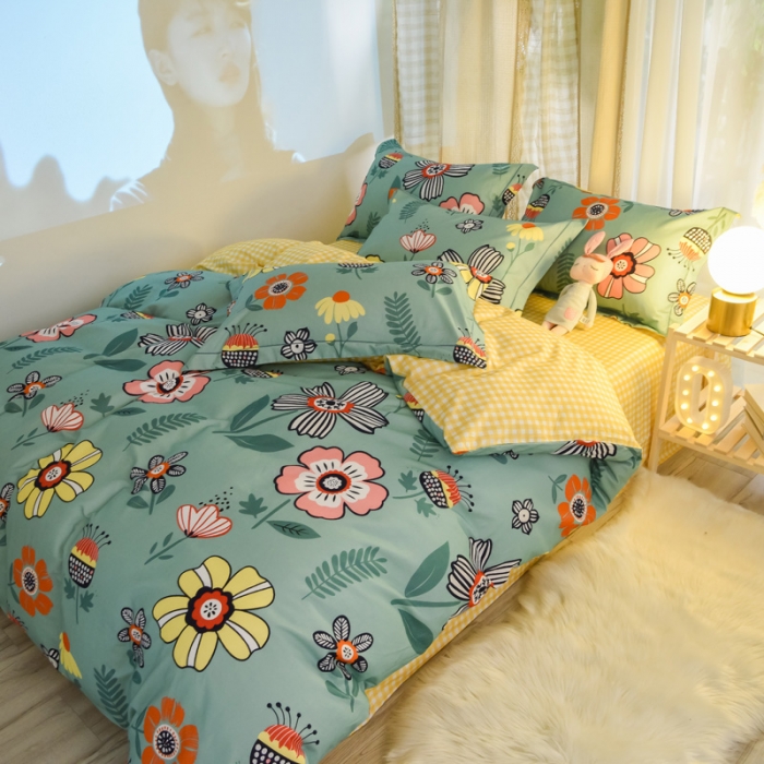 91家纺网 家纺一手货源 找家纺 雲归梦 2020新款小清新全棉生态磨毛四件套 梵高之花-绿