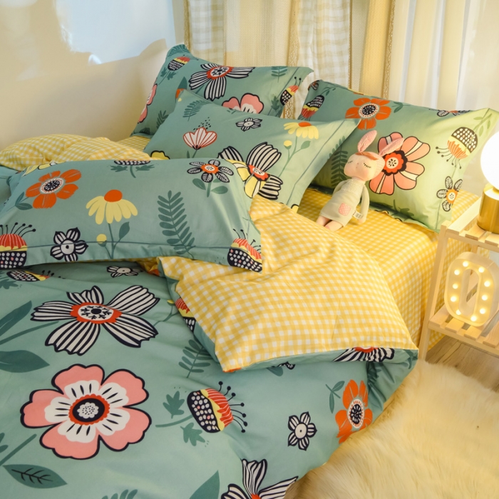 91家纺网 家纺一手货源 找家纺 雲归梦 2020新款小清新全棉生态磨毛四件套 梵高之花-绿