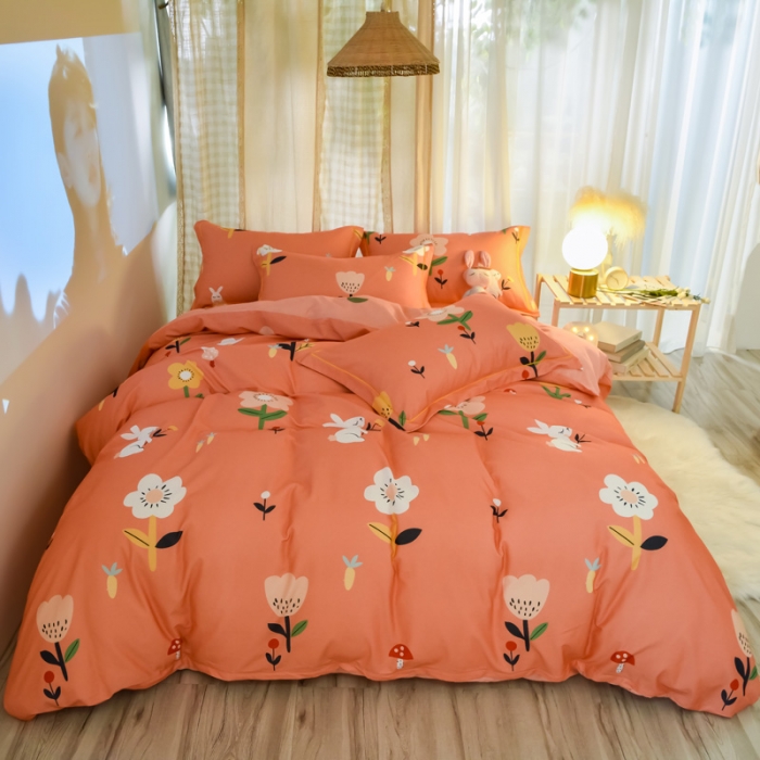 91家纺网 家纺一手货源 找家纺 雲归梦 2020新款小清新全棉生态磨毛四件套 田园兔-桔