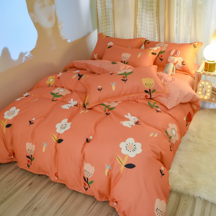 91家纺网 家纺一手货源 找家纺 雲归梦 2020新款小清新全棉生态磨毛四件套 田园兔-桔