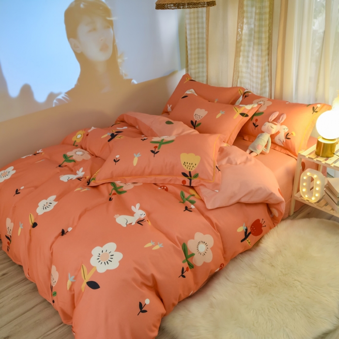 91家纺网 家纺一手货源 找家纺 雲归梦 2020新款小清新全棉生态磨毛四件套 田园兔-桔