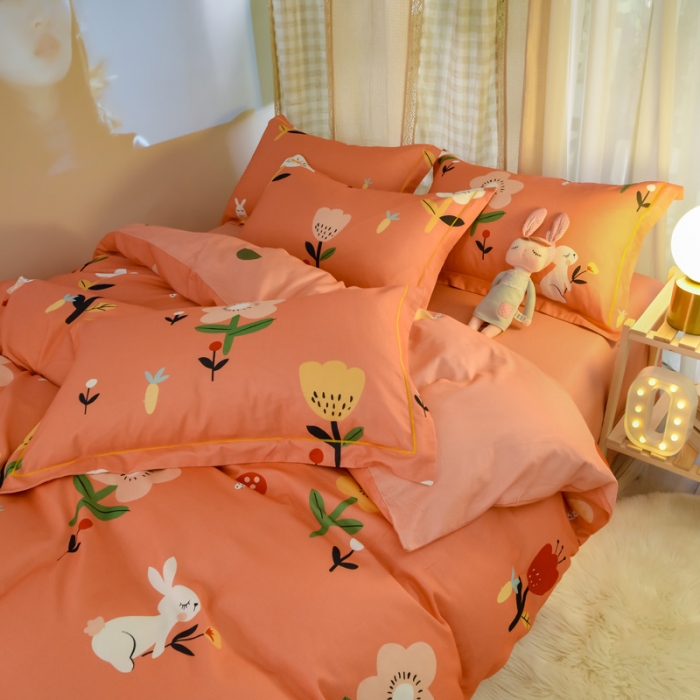 91家纺网 家纺一手货源 找家纺 雲归梦 2020新款小清新全棉生态磨毛四件套 田园兔-桔